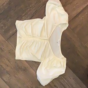 Sugar + Lips Cream colored scrunched crop top with puff sleeves